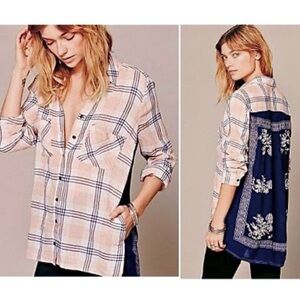Free People Behind The Flannel Bandana Top Sz XS Button Down Navy Pink Plaid